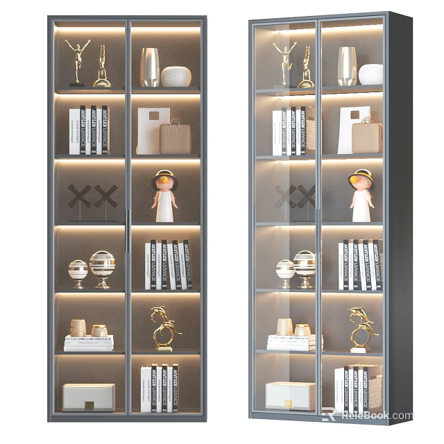 Modern Metal Frame Decorative Cabinet With Glass Doors Books Trophies And LED Lighting 3d model 