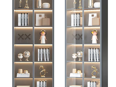 Modern Metal Frame Decorative Cabinet With Glass Doors Books Trophies And LED Lighting 3d model