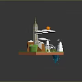 Cartoon City Scene With Tall Building Road Bridge Sun And Green Landscape