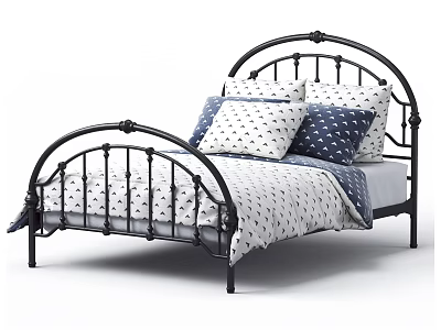 Black Metal Single Bed with Curved Frame White Patterned Linens and Navy Pillows 3d model
