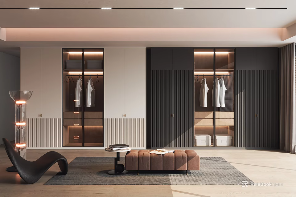 Modern Wardrobe Interior With Glass Doors Hanging Clothes And Storage Shelves 3d model 