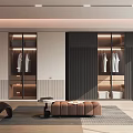 Modern Wardrobe Interior With Glass Doors Hanging Clothes And Storage Shelves