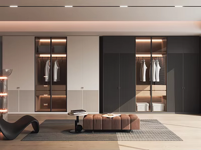 Modern Wardrobe Interior With Glass Doors Hanging Clothes And Storage Shelves 3d model