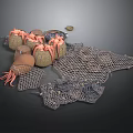 Seafood Display Setup With Woven Baskets Fishing Net And Octopus Tentacles