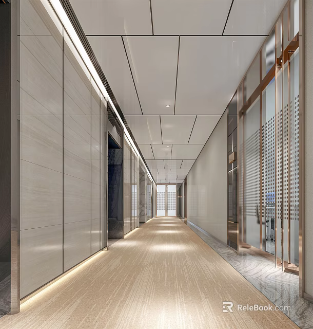 Sleek Modern Office Corridor Design With Wall Panels Carpeted Floor And Recessed Lighting 3d model 
