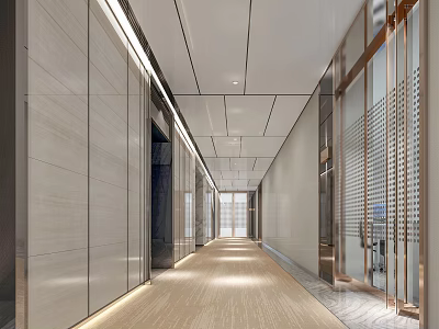 Sleek Modern Office Corridor Design With Wall Panels Carpeted Floor And Recessed Lighting 3d model