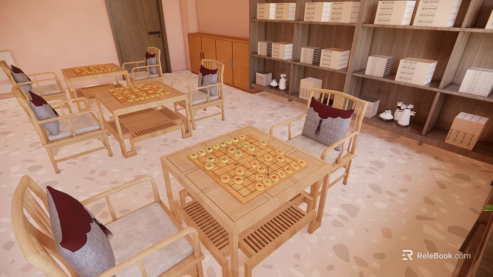 Hotel Chess Room With Traditional Wooden Furniture Chessboard Tables Comfortable Chairs And Bookshelves 3d model 