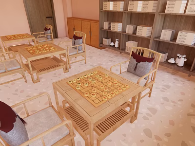 Hotel Chess Room With Traditional Wooden Furniture Chessboard Tables Comfortable Chairs And Bookshelves 3d model