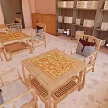 Hotel Chess Room With Traditional Wooden Furniture Chessboard Tables Comfortable Chairs And Bookshelves