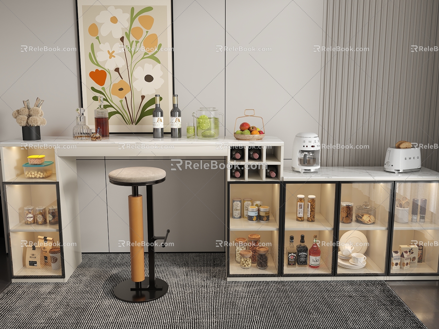 Cream Style Sideboard Bar Chair Decorative Painting Wine Food Electrical Appliance model