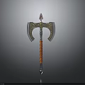 Ornate Battle Axe Featuring Golden Decorations Silver Blades Red Gem And Beaded Handle