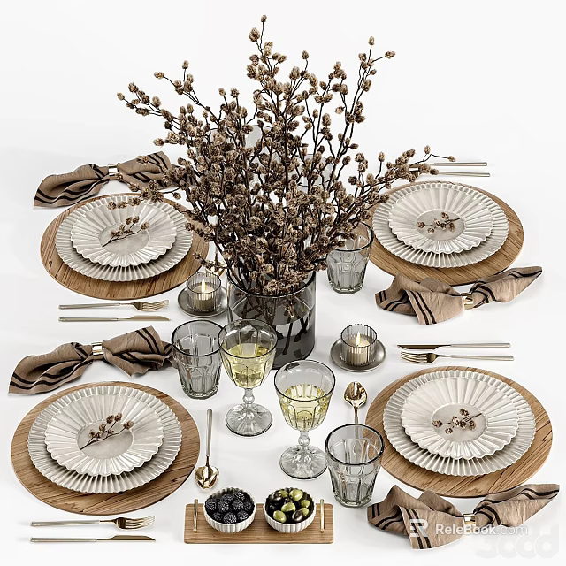 Rustic Tableware Set With Wooden Plates Glasses Linen Napkins And Dried Flowers On Dining Table 3d model 