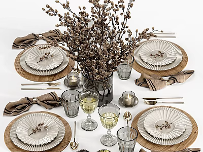 Rustic Tableware Set With Wooden Plates Glasses Linen Napkins And Dried Flowers On Dining Table 3d model