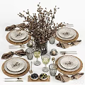 Rustic Tableware Set With Wooden Plates Glasses Linen Napkins And Dried Flowers On Dining Table