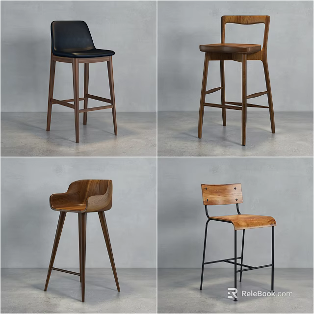Modern Bar Stools With Wooden And Black Designs Different Backrest And Leg Structures 3d model