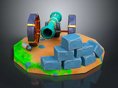 Green Cannon With Black And Gold Wheels On Sandy Platform With Blue Bricks And Green Grass 3d model