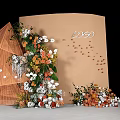 Brown Backdrop With LOGO Floral Arrangement And Decorative Tree Like Structure 3d model