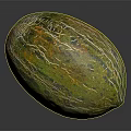 Fresh Whole Green Striped Melon With Yellow Orange Shiny Surface On Black Background