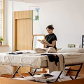 Comfortable Double Bed with Black Leather Headboard Wooden Frame Nightstand White Dresser and Wooden Blinds