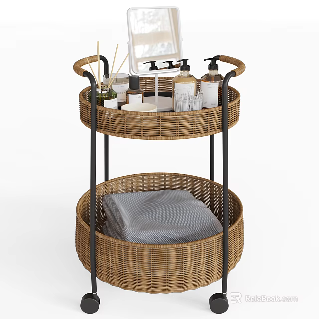 Rattan Two Tier Side Table with Black Metal Frame Bathroom Storage Toiletries and Grey Towel 3d model 