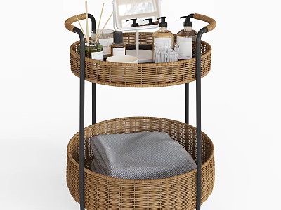 Rattan Two Tier Side Table with Black Metal Frame Bathroom Storage Toiletries and Grey Towel 3d model