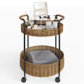 Rattan Two Tier Side Table with Black Metal Frame Bathroom Storage Toiletries and Grey Towel
