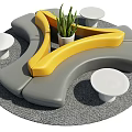 Gray Yellow Wavy Public Chairs With Green Plant And Small White Tables In Circle
