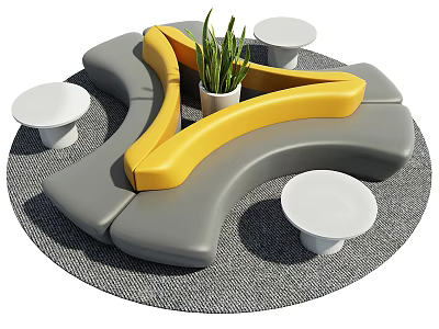 Gray Yellow Wavy Public Chairs With Green Plant And Small White Tables In Circle 3d model