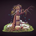 Enchanting Cartoon Scene With Magical Stone Gate Glowing Blue Door Tree Butterflies Stone Steps Flowers