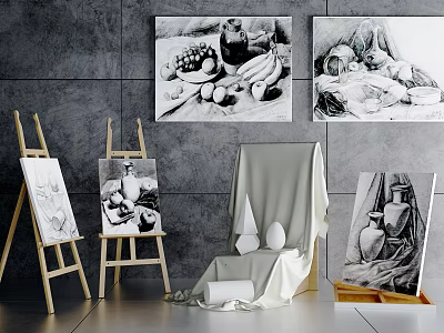 Still Life Sketch Studio With Easels Gray Wall And Plaster Models 3d model