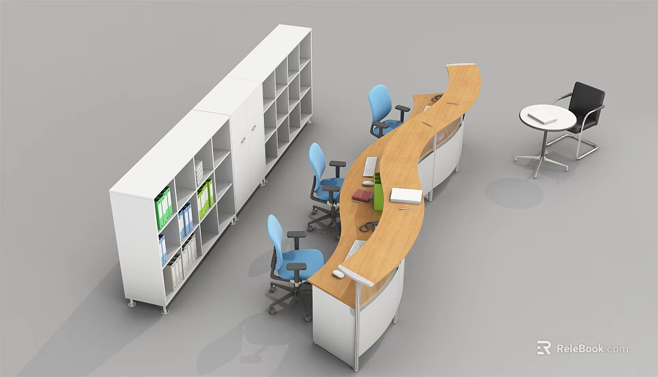 Modern Curved Wooden Office Desk With Blue Chairs White Bookshelf And Books 3d model 
