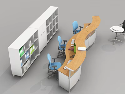 Modern Curved Wooden Office Desk With Blue Chairs White Bookshelf And Books 3d model