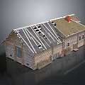 Old Wooden House With Broken Roof Exposed Beams Red Chimney And Straw Decorations