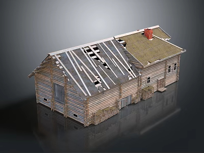 Old Wooden House With Broken Roof Exposed Beams Red Chimney And Straw Decorations 3d model