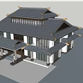 Chinese Style Sales Office Building with Traditional Overhanging Eaves Black Roof and White Walls