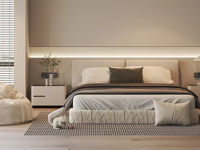 Cozy Modern Double Bed with Headboard Pillows Nightstand Plant Plush Chair and Rug 3d model