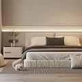 Cozy Modern Double Bed with Headboard Pillows Nightstand Plant Plush Chair and Rug