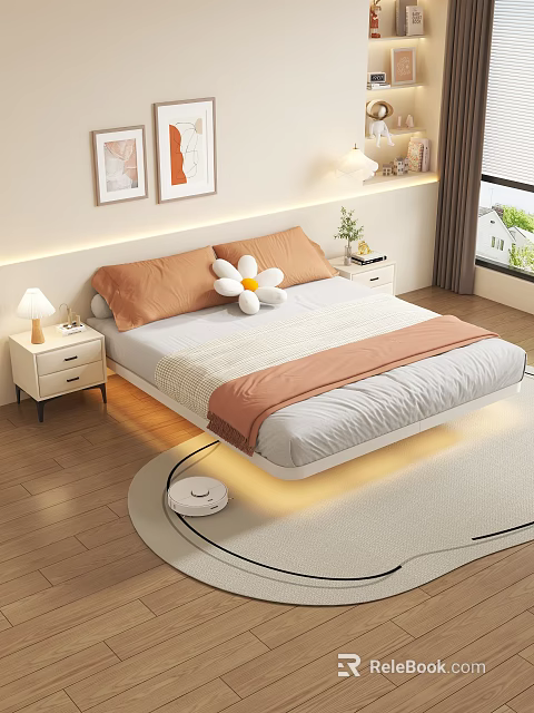 Cozy Bedroom Interior Featuring Orange Pillows Flower Pillow Bedside Lamp Wooden Floor And Wall Art 3d model 