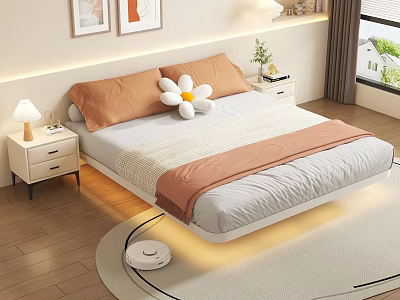 Cozy Bedroom Interior Featuring Orange Pillows Flower Pillow Bedside Lamp Wooden Floor And Wall Art 3d model