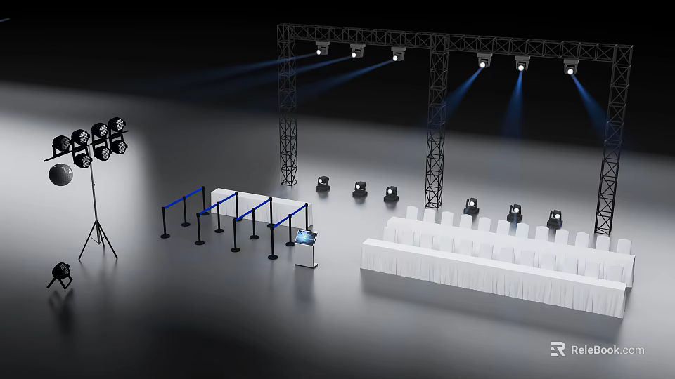 Event Check-in Area With Lighting Truss Spotlights White Chairs And Blue Barriers 3d model 