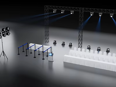 Event Check-in Area With Lighting Truss Spotlights White Chairs And Blue Barriers 3d model