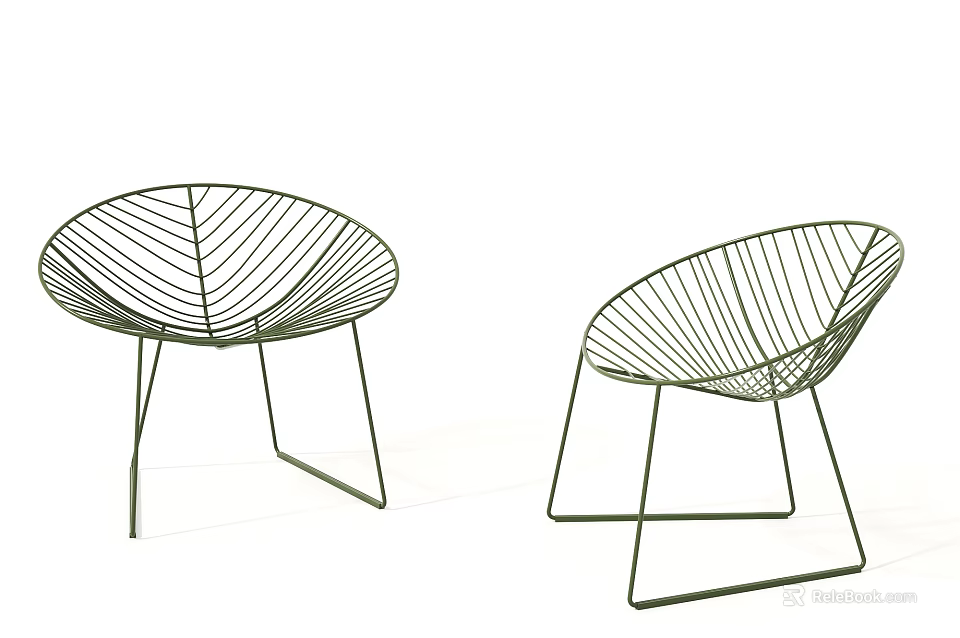 Modern Metal Wire Leisure Chairs With Unique Leaf Shaped Frame And Green Finish Design 3d model 