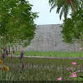 Building Exterior Wall Design With Brick Structure And Surrounding Green Plants And Colorful Flowers