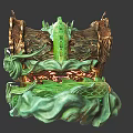 Intricate Green Dragon Head Sculpture With Golden Scroll Like Structures And Glowing Accents