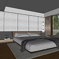 Modern Bedroom Interior With Bed Nightstand Large Window Area Rug And Soft Lighting