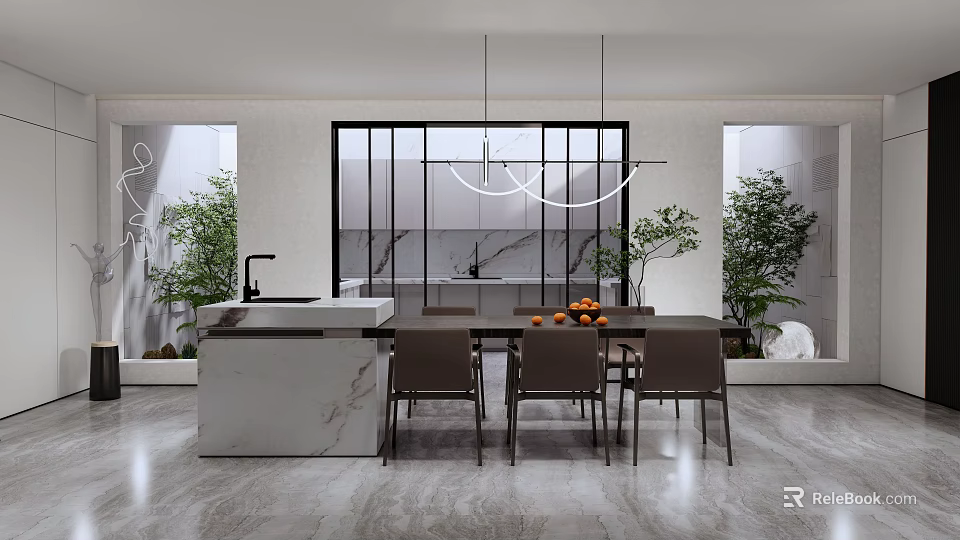 Modern Restaurant Interior With Marble Dining Table Brown Chairs Hanging Pendant Lights And Green Plants 3d model 