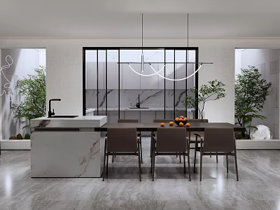 Modern Restaurant Interior With Marble Dining Table Brown Chairs Hanging Pendant Lights And Green Plants 3d model