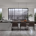 Modern Restaurant Interior With Marble Dining Table Brown Chairs Hanging Pendant Lights And Green Plants