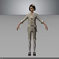 Woman Wearing Light Beige Suit With Bow Tie Standing In Neutral Gray Background