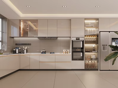 Modern Kitchen Interior With White Cabinets Island Countertop And Built In Appliances 3d model